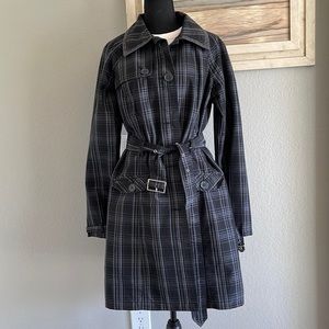 Black/Blue Merona plaid trench coat Size L. Like great condition.